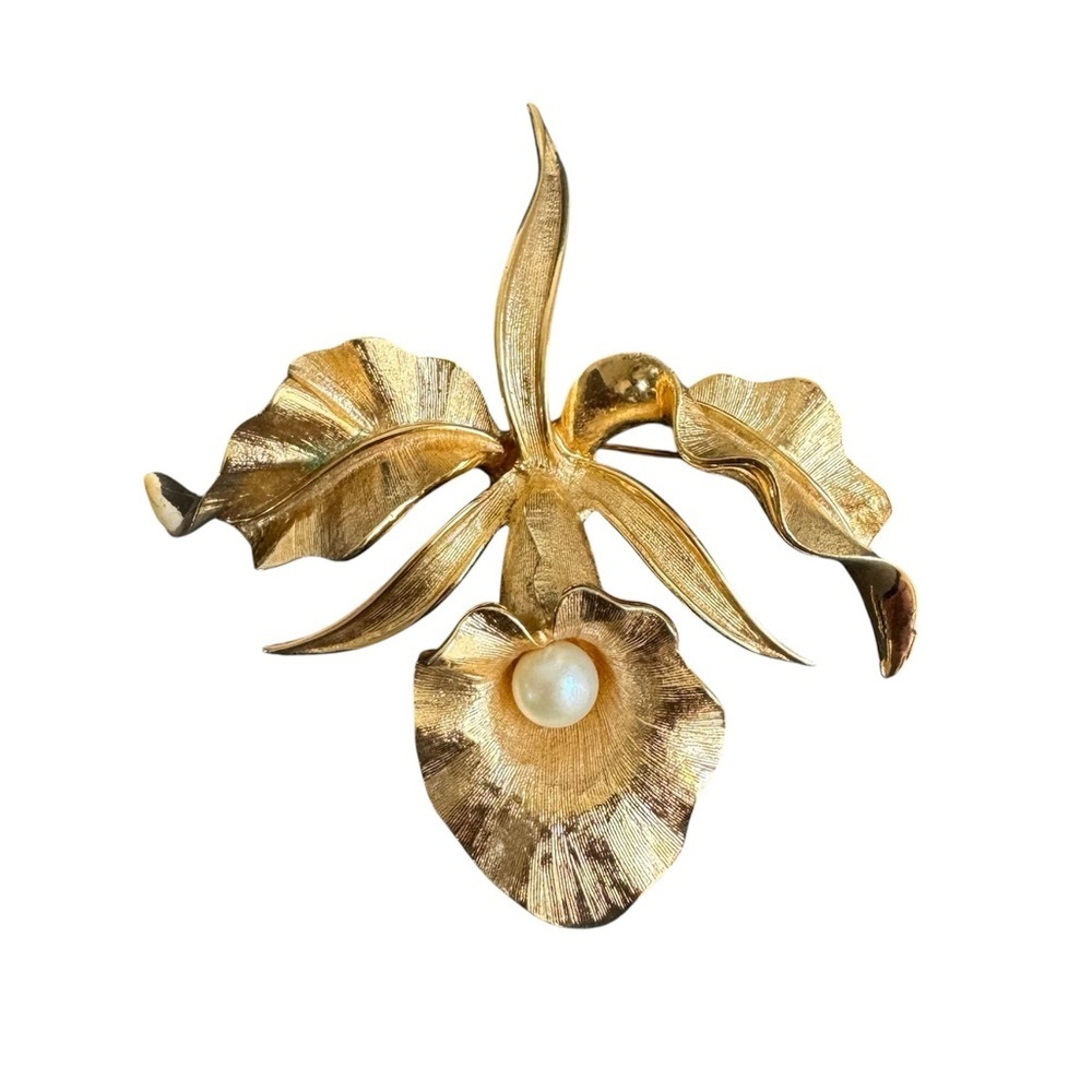 Marcel‎ Boucher Orchid Brooch Gold Tone Pearl Flower Pin Vintage Designer Signed
